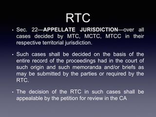 RTC
• Sec. 22—APPELLATE JURISDICTION—over all
cases decided by MTC, MCTC, MTCC in their
respective territorial jurisdiction.
• Such cases shall be decided on the basis of the
entire record of the proceedings had in the court of
such origin and such memoranda and/or briefs as
may be submitted by the parties or required by the
RTC.
• The decision of the RTC in such cases shall be
appealable by the petition for review in the CA
 