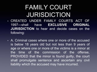 FAMILY COURT
JURISDICTION
• CREATED UNDER FAMILY COURTS ACT OF
1997—shall have EXCLUSIVE ORIGINAL
JURISDICTION to hear and decide cases on the
following:
• A. Criminal cases where one or more of the accused
is below 18 years old but not less than 9 years of
age or where one or more of the victims is a minor at
the time of the commission of the offense,
PROVIDED that the minor is found guilty, the court
shall promulgate sentence and ascertain any civil
liability which the accused may have incurred.
 
