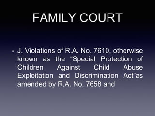 FAMILY COURT
• J. Violations of R.A. No. 7610, otherwise
known as the “Special Protection of
Children Against Child Abuse
Exploitation and Discrimination Act”as
amended by R.A. No. 7658 and
 