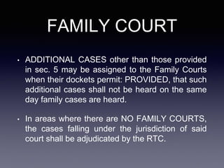 FAMILY COURT
• ADDITIONAL CASES other than those provided
in sec. 5 may be assigned to the Family Courts
when their dockets permit: PROVIDED, that such
additional cases shall not be heard on the same
day family cases are heard.
• In areas where there are NO FAMILY COURTS,
the cases falling under the jurisdiction of said
court shall be adjudicated by the RTC.
 