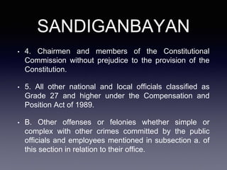 SANDIGANBAYAN
• 4. Chairmen and members of the Constitutional
Commission without prejudice to the provision of the
Constitution.
• 5. All other national and local officials classified as
Grade 27 and higher under the Compensation and
Position Act of 1989.
• B. Other offenses or felonies whether simple or
complex with other crimes committed by the public
officials and employees mentioned in subsection a. of
this section in relation to their office.
 