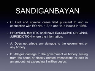 SANDIGANBAYAN
• C. Civil and criminal cases filed pursuant to and in
connection with EO Not. 1,2,14 and 14-a issued in 1986.
• PROVIDED that RTC shall have EXCLUSIVE ORIGINAL
JURISDICTION where the information:
• A. Does not allege any damage to the government or
any bribery
• B. Alleges damage to the government or bribery arising
from the same or closely related transactions or acts in
an amount not exceeding 1 million pesos.
 