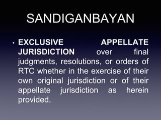 SANDIGANBAYAN
• EXCLUSIVE APPELLATE
JURISDICTION over final
judgments, resolutions, or orders of
RTC whether in the exercise of their
own original jurisdiction or of their
appellate jurisdiction as herein
provided.
 
