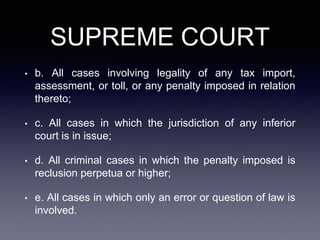 SUPREME COURT
• b. All cases involving legality of any tax import,
assessment, or toll, or any penalty imposed in relation
thereto;
• c. All cases in which the jurisdiction of any inferior
court is in issue;
• d. All criminal cases in which the penalty imposed is
reclusion perpetua or higher;
• e. All cases in which only an error or question of law is
involved.
 