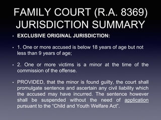 FAMILY COURT (R.A. 8369)
JURISDICTION SUMMARY
• EXCLUSIVE ORIGINAL JURISDICTION:
• 1. One or more accused is below 18 years of age but not
less than 9 years of age;
• 2. One or more victims is a minor at the time of the
commission of the offense.
• PROVIDED, that the minor is found guilty, the court shall
promulgate sentence and ascertain any civil liability which
the accused may have incurred. The sentence however
shall be suspended without the need of application
pursuant to the “Child and Youth Welfare Act”.
 