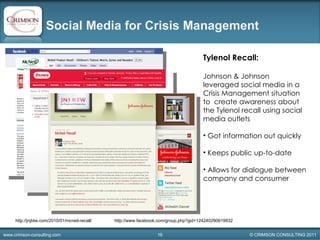 Social Media for Crisis Management  <ul><li>Tylenol Recall: </li></ul><ul><li>Johnson & Johnson leveraged social media in ...