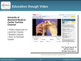 Education though Video <ul><ul><li>University of Maryland Medical Center YouTube Channel  </li></ul></ul><ul><ul><li>Video...