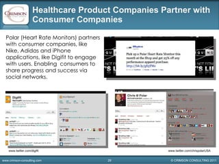 Healthcare Product Companies Partner with Consumer Companies  Polar (Heart Rate Monitors) partners with consumer companies, like Nike, Adidas and iPhone applications, like Digifit to engage with users. Enabling  consumers to share progress and success via social networks.  www.twitter.com/digifit www.twitter.com/chrispolarUSA 