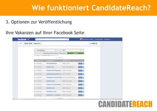 Wie funktioniert CandidateReach?
                  Kurze Vorstellung

3. Optionen zur Veröffentlichung

Ihre Vakanzen auf Ihrer Facebook Seite
 