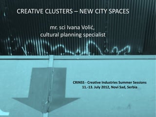 CREATIVE CLUSTERS – NEW CITY SPACES
mr. sci Ivana Volić, 
cultural planning specialist
CRINSS ‐ Creative Industries Summer Sessions
11.‐13. July 2012, Novi Sad, Serbia
 