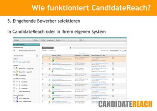 Wie funktioniert CandidateReach?
                 Kurze Vorstellung

5. Eingehende Bewerber selektieren

In CandidateReach oder in Ihrem eigenen System
 