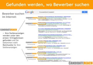 Gefunden werden, wo Bewerber suchen
             Kurze Vorstellung

Bewerber suchen
im Internet:
                          Partnerportal



                          Partnerportal




= Ihre Stellenanzeigen
werden unter den
ersten 10 Ergebnissen
gefunden und Sie
bekommen mehr
Reichweite für Ihre      Partnerportal

Stellenanzeigen
                         Partnerportal



                         Partnerportal

                          Partnerportal
 