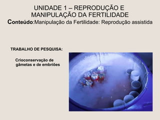 UNIDADE 1 – REPRODUÇÃO E  MANIPULAÇÃO DA FERTILIDADE C onteúdo :Manipulação da Fertilidade: Reprodução assistida ,[object Object],[object Object]