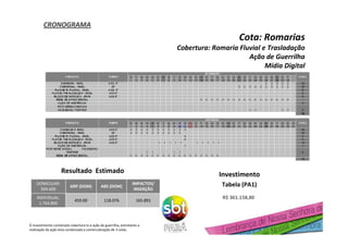 Resultado Estimado
INDIVIDUAL:
1.764.800
DOMICILIAR:
504.600
165.891118.076459.00
IMPACTOS/
INSERÇÃO
ABS (DOM)GRP (DOM)
Investimento
Tabela (PA1)
R$ 361.158,80
FONTE: M W/ GBEL / Faixa Horária / Dez. 2013
Cota: Romarias
Cobertura: Romaria Fluvial e Trasladação
Ação de Guerrilha
Mídia Digital
O investimento contempla cobertura tv e ação de guerrilha, entretanto a
realização da ação esta condionada a comercialização de 3 cotas.
CRONOGRAMACRONOGRAMA
 