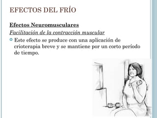 EFECTOS DEL FRÍO
Efectos Neuromusculares
Facilitación de la contracción muscular
 Este efecto se produce con una aplicación de
crioterapia breve y se mantiene por un corto período
de tiempo.
 