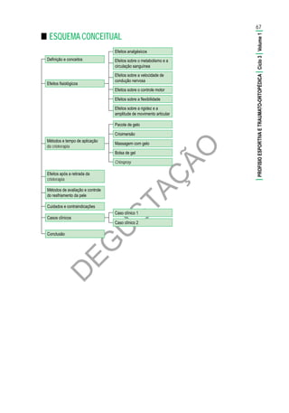 D
EG
U
STAÇ
ÃO
■■ ESQUEMA CONCEITUAL
Conclusão
Efeitos após a retirada da
crioterapia
Casos clínicos
Caso clínico 1
Caso clínico 2
Cuidados e contraindicações
Métodos de avaliação e controle
do resfriamento da pele
Definição e conceitos
Efeitos fisiológicos
Métodos e tempo de aplicação
da crioterapia
Efeitos analgésicos
Efeitos sobre o controle motor
Efeitos sobre a flexibilidade
Efeitos sobre a velocidade de
condução nervosa
Efeitos sobre a rigidez e a
amplitude de movimento articular
Efeitos sobre o metabolismo e a
circulação sanguínea
Pacote de gelo
Bolsa de gel
Massagem com gelo
Crioimersão
Criospray
67
|PROFISIOESPORTIVAETRAUMATO-ORTOPÉDICA|Ciclo3|Volume1|
 