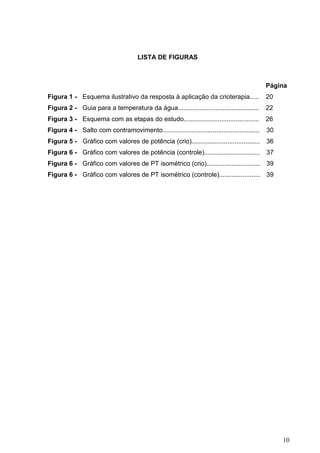 10
LISTA DE FIGURAS
Figura 4 - Salto com contramovimento...................................................... 30
Figura 5 - Gráfico com valores de potência (crio)...................................... 36
Figura 6 - Gráfico com valores de potência (controle)............................... 37
Figura 6 - Gráfico com valores de PT isométrico (crio).............................. 39
Figura 6 - Gráfico com valores de PT isométrico (controle)....................... 39
Página
Figura 1 - Esquema ilustrativo da resposta à aplicação da crioterapia..... 20
Figura 2 - Guia para a temperatura da água............................................. 22
Figura 3 - Esquema com as etapas do estudo.......................................... 26
 