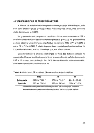 38
4.4 VALORES DE PICO DE TORQUE ISOMÉTRICO
A ANOVA de modelo misto não apresenta interação grupo momento (p=0,065),
bem como efeito do grupo (p=0,90) no teste realizado pelos atletas, mas apresenta
efeito do momento (p=0,001).
No grupo crioterapia comparando os valores obtidos entre os momentos PRÉ e
PF houve uma diminuição estatisticamente significativa (p=0,003). No grupo controle
pode-se observar uma diminuição significativa no momento PRÉ e PF (p=0,001), e
entre, PF e PI (p =0,027). A tabela 4 apresenta os resultados referentes ao teste de
força máxima isométrica (N.m) dos dois grupos, nos três momentos.
Quando verificado o efeito da intervenção por meio dos deltas de variação foi
encontrada diferença significativa somente no grupo crioterapia o efeito do momento
PRÉ e PF ocorreu uma diminuição de - 7,4%. O mesmo acontece entre o momento
PF e PI em que ocorre um aumento de 4%.
Tabela 4 – Valores do PT isométrico (N.m) em média ± desvio-padrão
PRÉ PF PI
Crioterapia 295,5 ± 70,88 * 273,6 ± 71,45 * 284,6 ± 67,46
Controle 296,9 ± 72,82# 279,4 ± 64,24# 268,4 ± 71,65#
* representa diferença estatisticamente significativa (p<0,05) no grupo crioterapia
# representa diferença estatisticamente significativa (p<0,05) no grupo controle
 