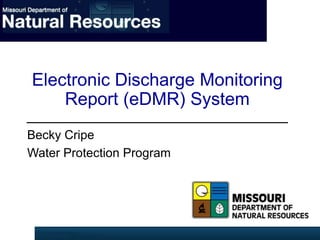 Electronic Discharge Monitoring
Report (eDMR) System
Becky Cripe
Water Protection Program
 