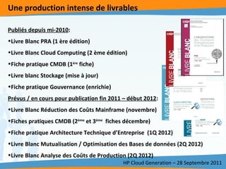 Une production intense de livrables  HP Cloud Generation – 28 Septembre 2011 Publiés depuis mi-2010 :  Livre Blanc PRA (1 ère édition) Livre Blanc Cloud Computing (2 ème édition) Fiche pratique CMDB (1 ère  fiche) Livre blanc Stockage (mise à jour) Fiche pratique Gouvernance (enrichie) Prévus / en cours pour publication fin 2011 – début 2012 :  Livre Blanc Réduction des Coûts Mainframe (novembre) Fiches pratiques CMDB (2 ème  et 3 ème   fiches décembre) Fiche pratique Architecture Technique d’Entreprise  (1Q 2012) Livre Blanc Mutualisation / Optimisation des Bases de données (2Q 2012) Livre Blanc Analyse des Coûts de Production (2Q 2012) 