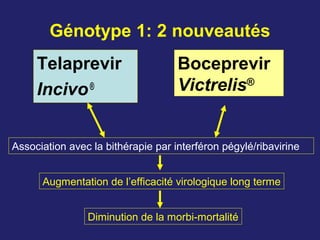 Génotype 1: 2 nouveautés
Telaprevir
Incivo®
Boceprevir
Victrelis®
Association avec la bithérapie par interféron pégylé/ribavirine
Augmentation de l’efficacité virologique long terme
Diminution de la morbi-mortalité
 