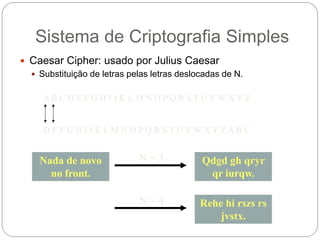 Sistema de Criptografia Simples
 Caesar Cipher: usado por Julius Caesar
 Substituição de letras pelas letras deslocadas de N.
A B C D E F G H I J K L M N O P Q R S T U V W X Y Z
D E F G H I J K L M N O P Q R S T U V W X Y Z A B C
Nada de novo
no front.
Qdgd gh qryr
qr iurqw.
N = 3
N = 4 Rehe hi rszs rs
jvstx.
 
