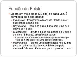 Função de Feistel
 Opera em meio bloco (32 bits) de cada vez. É
composto de 4 operações:
 Expansion : transforma o bloco de 32 bits em 48
duplicando alguns bits.
 Key mixing — combina o resultado com uma sub-
chave de 48 bits.
 Substitution — divide o bloco em partes de 6-bits e
aplica o (S-Boxes) substitution boxes.
 Cada um dos 8 S-boxes substitui uma parte de 6 bits por
outra de 4 bits através de uma operação tabelada.
 Permutation — efetua uma permutação nos 32 bits
para espalhar os bits de cada S-box em pelo
menos 4 S-boxes differences para o próximo round.
 