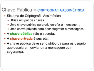 Chave Pública = CRIPTOGRAFIA ASSIMÉTRICA
 Sistema de Criptografia Assimétrico
 Utiliza um par de chaves.
 Uma chave publica para criptografar a mensagem.
 Uma chave privada para decriptografar a mensagem.
 A chave pública não é secreta.
 A chave privada é secreta.
 A chave pública deve ser distribuída para os usuário
que desejarem enviar uma mensagem com
segurança.
 
