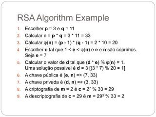 RSA Algorithm Example
1. Escolher p = 3 e q = 11
2. Calcular n = p * q = 3 * 11 = 33
3. Calcular φ(n) = (p - 1) * (q - 1) = 2 * 10 = 20
4. Escolher e tal que 1 < e < φ(n) e e e n são coprimos.
Seja e = 7
5. Calcular o valor de d tal que (d * e) % φ(n) = 1.
Uma solução possível é d = 3 [(3 * 7) % 20 = 1]
6. A chave pública é (e, n) => (7, 33)
7. A chave privada é (d, n) => (3, 33)
8. A criptografia de m = 2 é c = 27 % 33 = 29
9. A descriptografia de c = 29 é m = 293 % 33 = 2
 