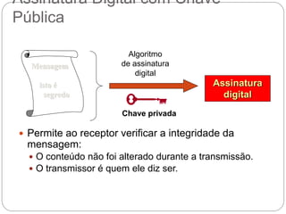 Assinatura Digital com Chave
Pública
 Permite ao receptor verificar a integridade da
mensagem:
 O conteúdo não foi alterado durante a transmissão.
 O transmissor é quem ele diz ser.
Assinatura
digital
Chave privada
Algoritmo
de assinatura
digital
Mensagem
isto é
segredo
 