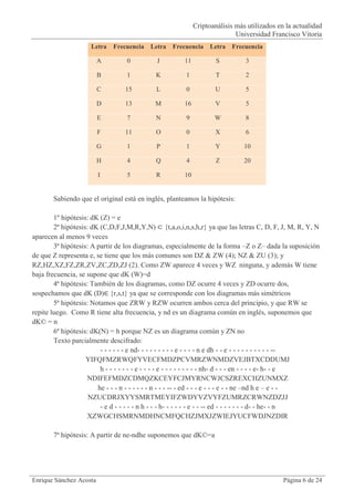 Criptoanálisis más utilizados en la actualidad
                                                                           Universidad Francisco Vitoria
                     Letra   Frecuencia Letra Frecuencia Letra Frecuencia

                         A        0          J         11           S         3

                         B        1         K          1            T         2

                         C       15         L          0            U         5

                         D       13         M          16           V         5

                         E        7         N          9           W          8

                         F       11         O          0            X         6

                         G        1         P          1            Y         10

                         H        4         Q          4            Z         20

                         I        5         R          10


       Sabiendo que el original está en inglés, planteamos la hipótesis:

        1º hipótesis: dK (Z) = e
        2ª hipótesis: dK (C,D,F,J,M,R,Y,N) ⊂ {t,a,o,i,n,s,h,r} ya que las letras C, D, F, J, M, R, Y, N
aparecen al menos 9 veces
        3ª hipótesis: A partir de los diagramas, especialmente de la forma –Z o Z– dada la suposición
de que Z representa e, se tiene que los más comunes son DZ & ZW (4); NZ & ZU (3); y
RZ,HZ,XZ,FZ,ZR,ZV,ZC,ZD,ZJ (2). Como ZW aparece 4 veces y WZ ninguna, y además W tiene
baja frecuencia, se supone que dK (W)=d
        4ª hipótesis: También de los diagramas, como DZ ocurre 4 veces y ZD ocurre dos,
sospechamos que dK (D)∈ {r,s,t} ya que se corresponde con los diagramas más simétricos
        5ª hipótesis: Notamos que ZRW y RZW ocurren ambos cerca del principio, y que RW se
repite luego. Como R tiene alta frecuencia, y nd es un diagrama común en inglés, suponemos que
dK© = n
        6ª hipótesis: dK(N) = h porque NZ es un diagrama común y ZN no
        Texto parcialmente descifrado:
                         - - - - - - e nd- - - - - - - - - e - - - - n e dh - - e - - - - - - - - - - --
                    YIFQFMZRWQFYVECFMDZPCVMRZWNMDZVEJBTXCDDUMJ
                         h - - - - - - - e - - - - e - - - - - - - - - nh- d - - - en - - - - e- h- - e
                    NDIFEFMDZCDMQZKCEYFCJMYRNCWJCSZREXCHZUNMXZ
                        he - - - n - - - - - - n - - - -- - ed - - - e - - - e - - ne –nd h e – e - -
                     NZUCDRJXYYSMRTMEYIFZWDYVZVYFZUMRZCRWNZDZJJ
                         - e d - - - - - n h - - - h- - - - - - e - - -- ed - - - - - - - d- - he- - n
                    XZWGCHSMRNMDHNCMFQCHZJMXJZWIEJYUCFWDJNZDIR

       7ª hipótesis: A partir de ne-ndhe suponemos que dK©=a




Enrique Sánchez Acosta                                                                      Página 6 de 24
 