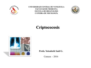 UNIVERSIDAD CENTRAL DE VENEZUELA
FACULTAD DE MEDICINA
ESCUELA DE BIOANÁLISIS
CÁTEDRA DE MICOLOGÍA
Criptococosis
Profa. Yotsabeth Saúl G.
Caracas - 2016
 