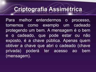 Criptografia Assimétrica
Para melhor entendermos o processo,
tomemos como exemplo um cadeado
protegendo um bem. A mensagem é o bem
e o cadeado, que pode estar ou não
exposto, é a chave pública. Apenas quem
obtiver a chave que abri o cadeado (chave
privada) poderá ter acesso ao bem
(mensagem).
 