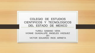 COLEGIO DE ESTUDIOS 
CIENTIFICOS Y TECNOLOGICOS 
DEL ESTADO DE MEXICO 
YURELI SAMANO VERA 
IVONNE GUADALUPE ÁNGELES VÁZQUEZ 
301 
VICTOR EDUARDO RIOS ARRIETA 
 