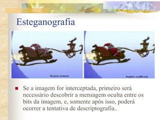 Esteganografia
 Se a imagem for interceptada, primeiro será
necessário descobrir a mensagem oculta entre os
bits da imagem, e, somente após isso, poderá
ocorrer a tentativa de descriptografia..
 