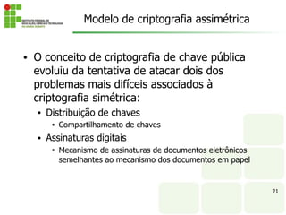 21
• O conceito de criptografia de chave pública
evoluiu da tentativa de atacar dois dos
problemas mais difíceis associados à
criptografia simétrica:
• Distribuição de chaves
• Compartilhamento de chaves
• Assinaturas digitais
• Mecanismo de assinaturas de documentos eletrônicos
semelhantes ao mecanismo dos documentos em papel
Modelo de criptografia assimétrica
 