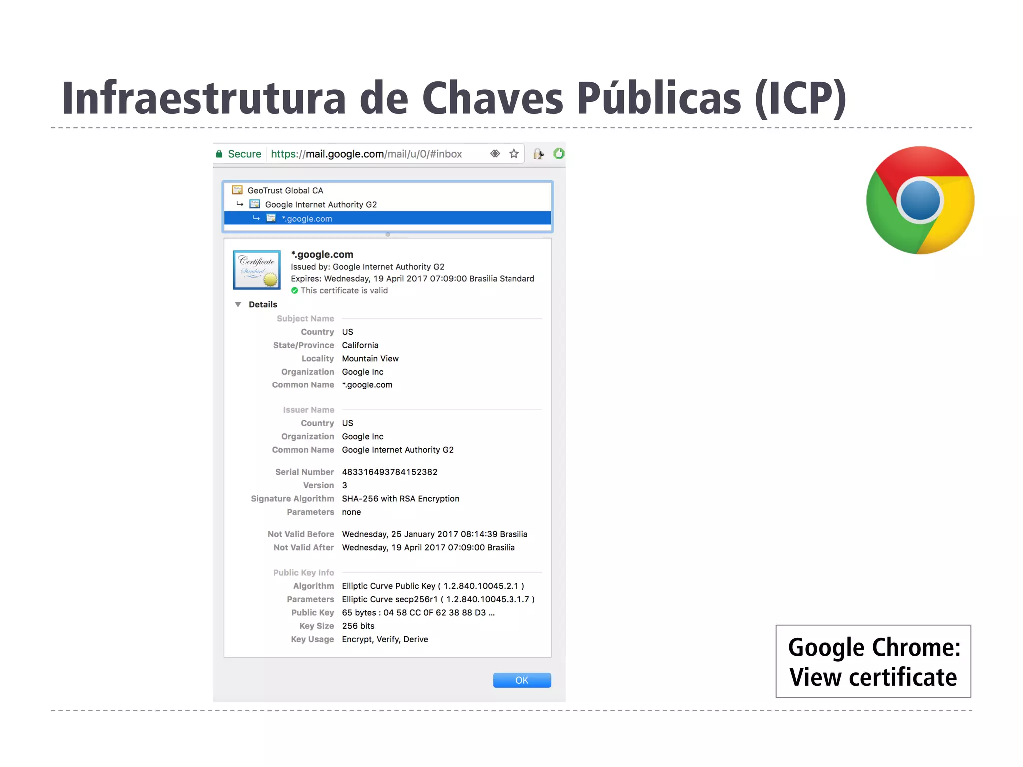 Google Chrome:
View certificate
Infraestrutura de Chaves Públicas (ICP)
 