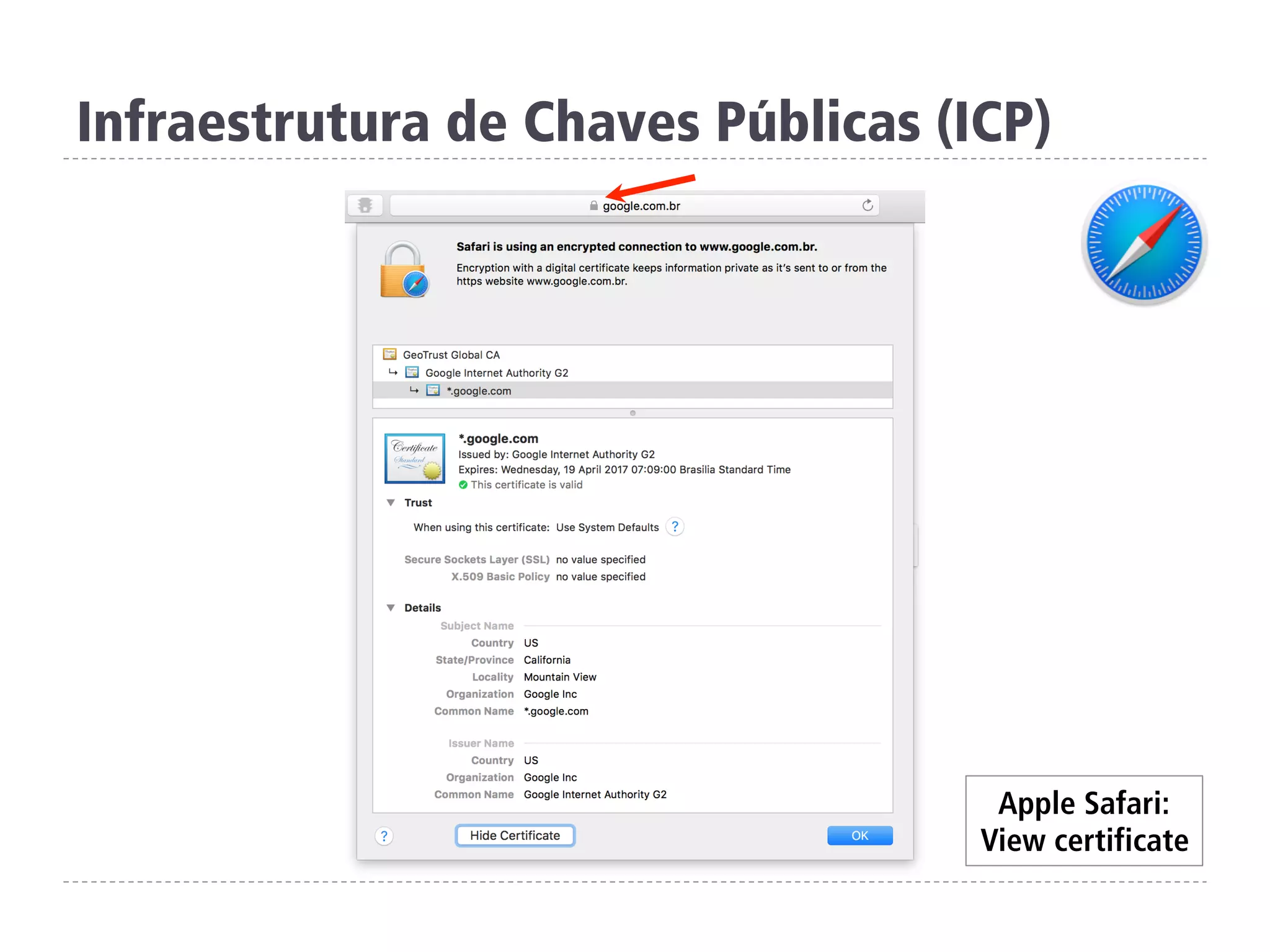 Apple Safari:
View certificate
Infraestrutura de Chaves Públicas (ICP)
 