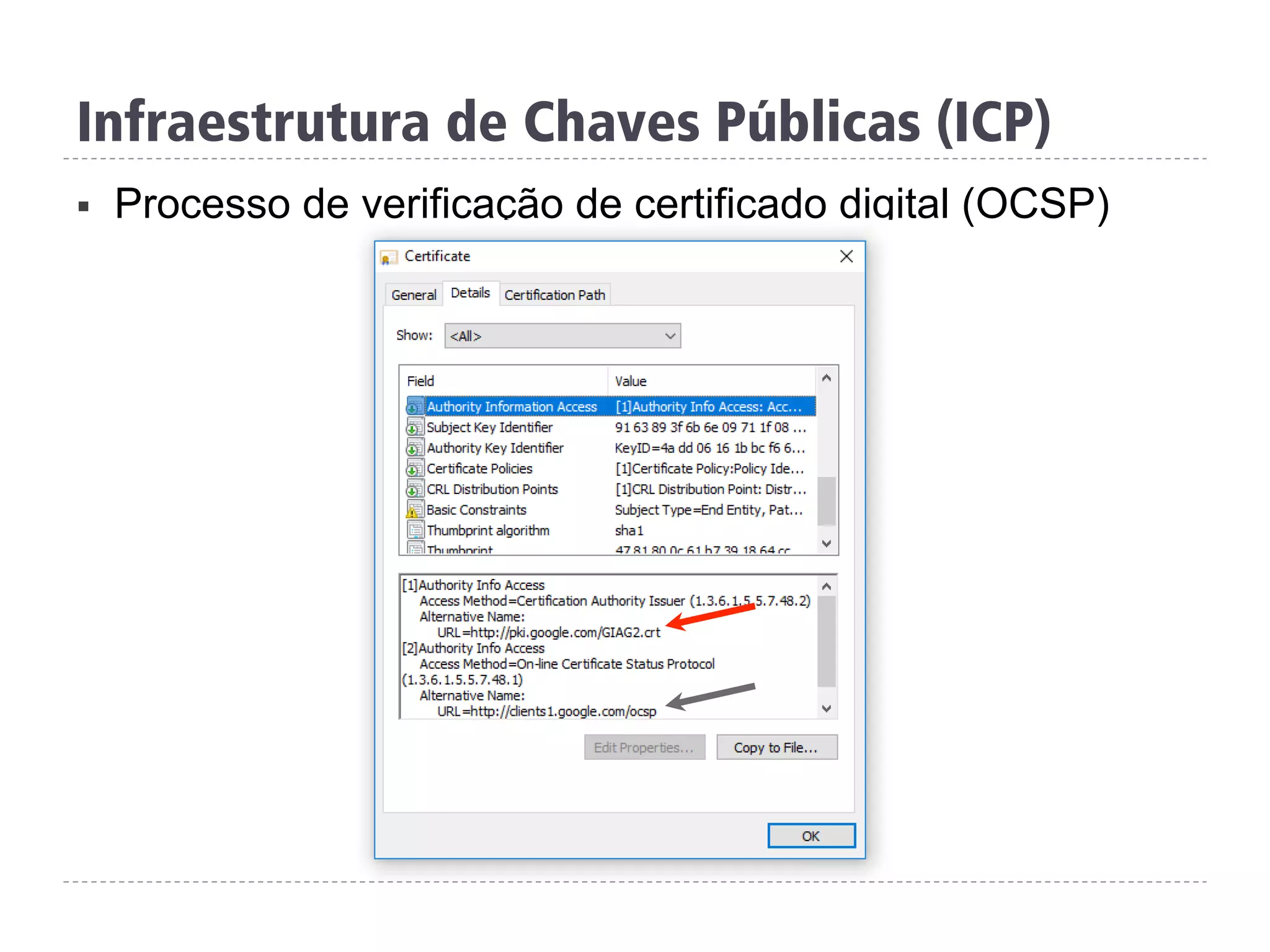 Infraestrutura de Chaves Públicas (ICP)
§  Processo de verificação de certificado digital (OCSP)
 