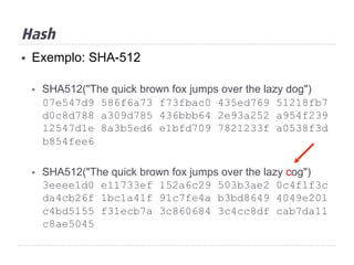 Hash
§  Exemplo: SHA-512
§  SHA512("The quick brown fox jumps over the lazy dog")
07e547d9 586f6a73 f73fbac0 435ed769 51218fb7
d0c8d788 a309d785 436bbb64 2e93a252 a954f239
12547d1e 8a3b5ed6 e1bfd709 7821233f a0538f3d
b854fee6
§  SHA512("The quick brown fox jumps over the lazy cog")
3eeee1d0 e11733ef 152a6c29 503b3ae2 0c4f1f3c
da4cb26f 1bc1a41f 91c7fe4a b3bd8649 4049e201
c4bd5155 f31ecb7a 3c860684 3c4cc8df cab7da11
c8ae5045
 