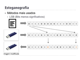 0 0 0 1 1 10 1 1 1 0 0 0 0 1 1
0 1 1 0 0 10 1 1 1 0 1 1 0 1 0
0 1 1 0 0 10 1 1 1 0 1 1 0 1 1
imagem modificada
§  Métodos mais usados
§  LSB (Bits menos significativos)
Esteganografia
 