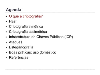 Agenda
§  O que é criptografia?
§  Hash
§  Criptografia simétrica
§  Criptografia assimétrica
§  Infraestrutura de Chaves Públicas (ICP)
§  Ataques
§  Esteganografia
§  Boas práticas: uso doméstico
§  Referências
 