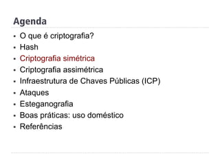 Agenda
§  O que é criptografia?
§  Hash
§  Criptografia simétrica
§  Criptografia assimétrica
§  Infraestrutura de Chaves Públicas (ICP)
§  Ataques
§  Esteganografia
§  Boas práticas: uso doméstico
§  Referências
 