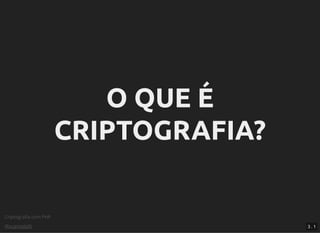 Criptograﬁa com PHP
@vcampitelli
O QUE ÉO QUE É
CRIPTOGRAFIA?CRIPTOGRAFIA?
3 . 1
 