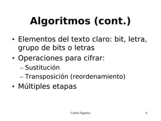 Carlos Figueira 6
Algoritmos (cont.)
• Elementos del texto claro: bit, letra,
grupo de bits o letras
• Operaciones para cifrar:
– Sustitución
– Transposición (reordenamiento)
• Múltiples etapas
 
