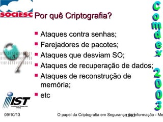 09/10/13 O papel da Criptografia em Segurança da Informação - Me13/93
Por quê Criptografia?Por quê Criptografia?
 Ataques contra senhas;Ataques contra senhas;
 Farejadores de pacotes;Farejadores de pacotes;
 Ataques que desviam SO;Ataques que desviam SO;
 Ataques de recuperação de dados;Ataques de recuperação de dados;
 Ataques de reconstrução deAtaques de reconstrução de
memória;memória;
 etcetc
 