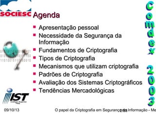 09/10/13 O papel da Criptografia em Segurança da Informação - Me2/93
AgendaAgenda
 Apresentação pessoalApresentação pessoal
 Necessidade da Segurança daNecessidade da Segurança da
InformaçãoInformação
 Fundamentos de CriptografiaFundamentos de Criptografia
 Tipos de CriptografiaTipos de Criptografia
 Mecanismos que utilizam criptografiaMecanismos que utilizam criptografia
 Padrões de CriptografiaPadrões de Criptografia
 Avaliação dos Sistemas CriptográficosAvaliação dos Sistemas Criptográficos
 Tendências MercadológicasTendências Mercadológicas
 