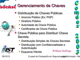 09/10/13 O papel da Criptografia em Segurança da Informação - Me48/93
Gerenciamento de ChavesGerenciamento de Chaves
 Distribuição de Chaves PúblicasDistribuição de Chaves Públicas
 Anúncio Público (Ex: PGP)Anúncio Público (Ex: PGP)
 Diretório PúblicoDiretório Público
 Autoridade de Chave PúblicaAutoridade de Chave Pública
 Certificados de Chave PúblicaCertificados de Chave Pública
 Chave Pública para Distribuir ChaveChave Pública para Distribuir Chave
SecretaSecreta
 Distribuição Simples de Chaves SecretasDistribuição Simples de Chaves Secretas
 Distribuição com Confidencialidade eDistribuição com Confidencialidade e
AutenticaçãoAutenticação
 Esquema HíbridoEsquema Híbrido William Stallings
 