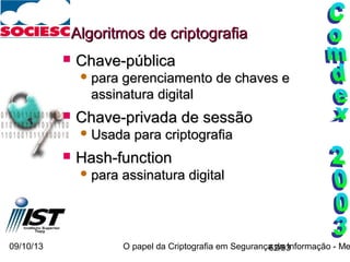 09/10/13 O papel da Criptografia em Segurança da Informação - Me62/93
Algoritmos de criptografiaAlgoritmos de criptografia
 Chave-públicaChave-pública
 para gerenciamento de chaves epara gerenciamento de chaves e
assinatura digitalassinatura digital
 Chave-privada de sessãoChave-privada de sessão
 Usada para criptografiaUsada para criptografia
 Hash-functionHash-function
 para assinatura digitalpara assinatura digital
 