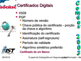 09/10/13 O papel da Criptografia em Segurança da Informação - Me67/93
Certificados DigitaisCertificados Digitais
 X509X509
 PGPPGP
 Número de versãoNúmero de versão
 Chave pública do certificado - porçãoChave pública do certificado - porção
da chave e algoritmoda chave e algoritmo
 Identificação do certificadoIdentificação do certificado
 Assinatura (self-signuture)Assinatura (self-signuture)
 Período de validadePeríodo de validade
 Algorítmo simétrico preferidoAlgorítmo simétrico preferido
CertificadoCertificado de umde um BancoBanco
 